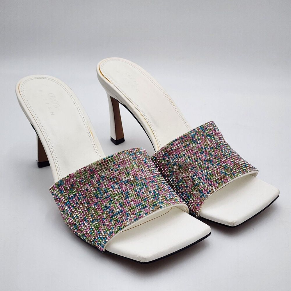 ASOS DESIGN Women's Size 8  heel sandals White With Ringstone Multicolor Shoes‎